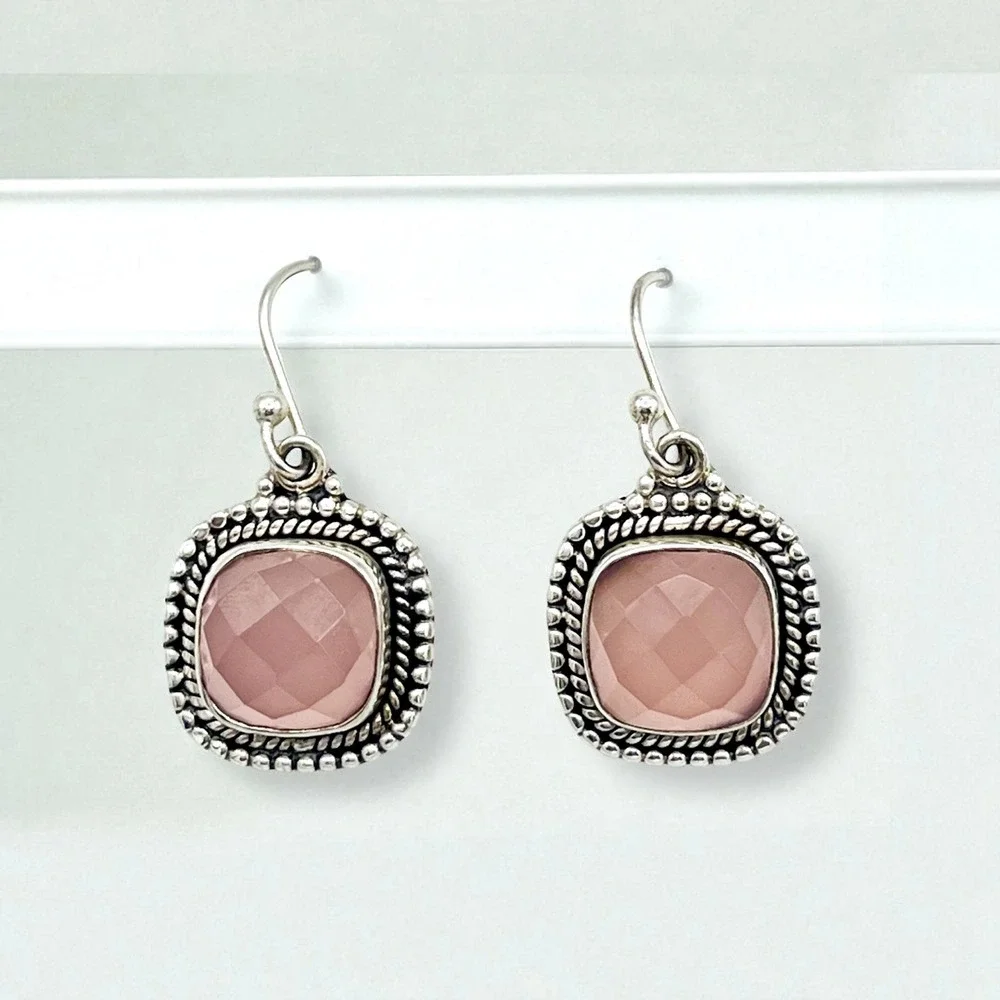Ross Simons Rose Quartz Dangle Earring 925 Sterling‎ Silver Square Rope Faceted
